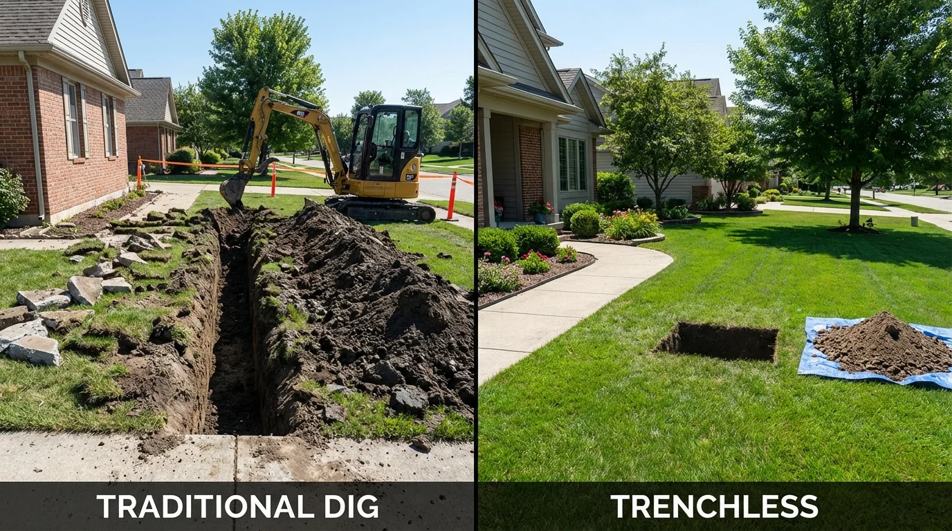 Trenchless sewer repair with minimal yard damage versus traditional excavation in Townsend, DE