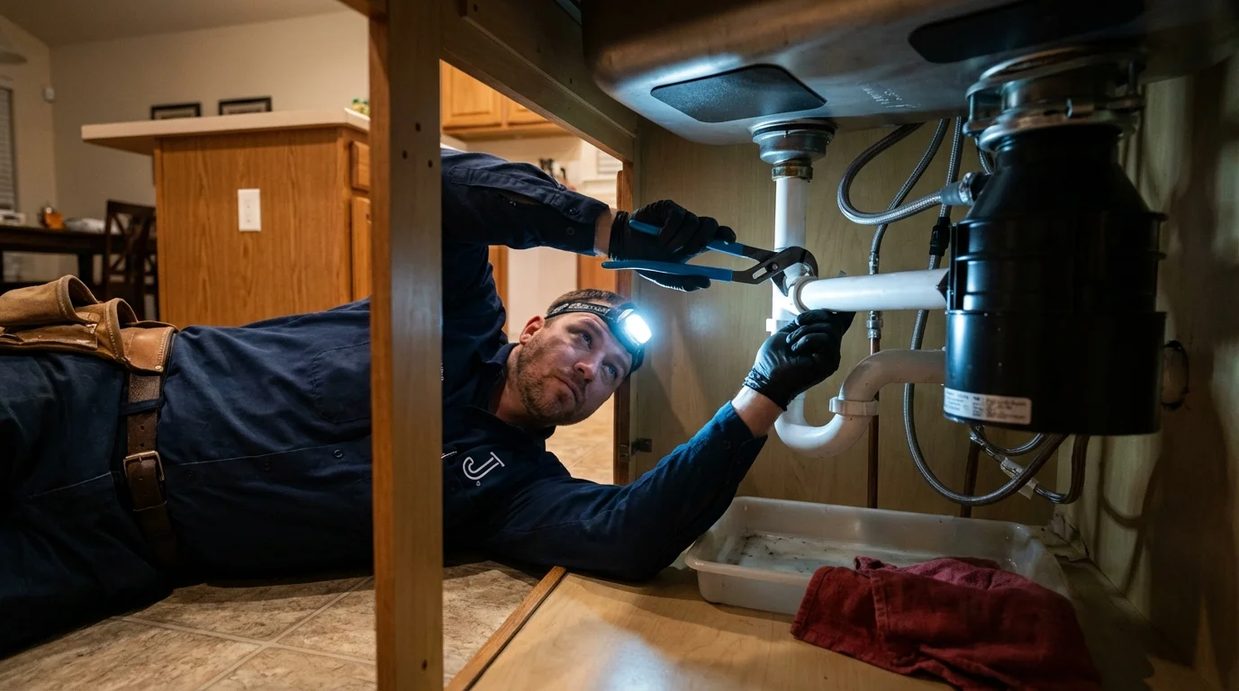 P-trap and supply line connections under a kitchen sink showing a common leak point in Townsend, DE